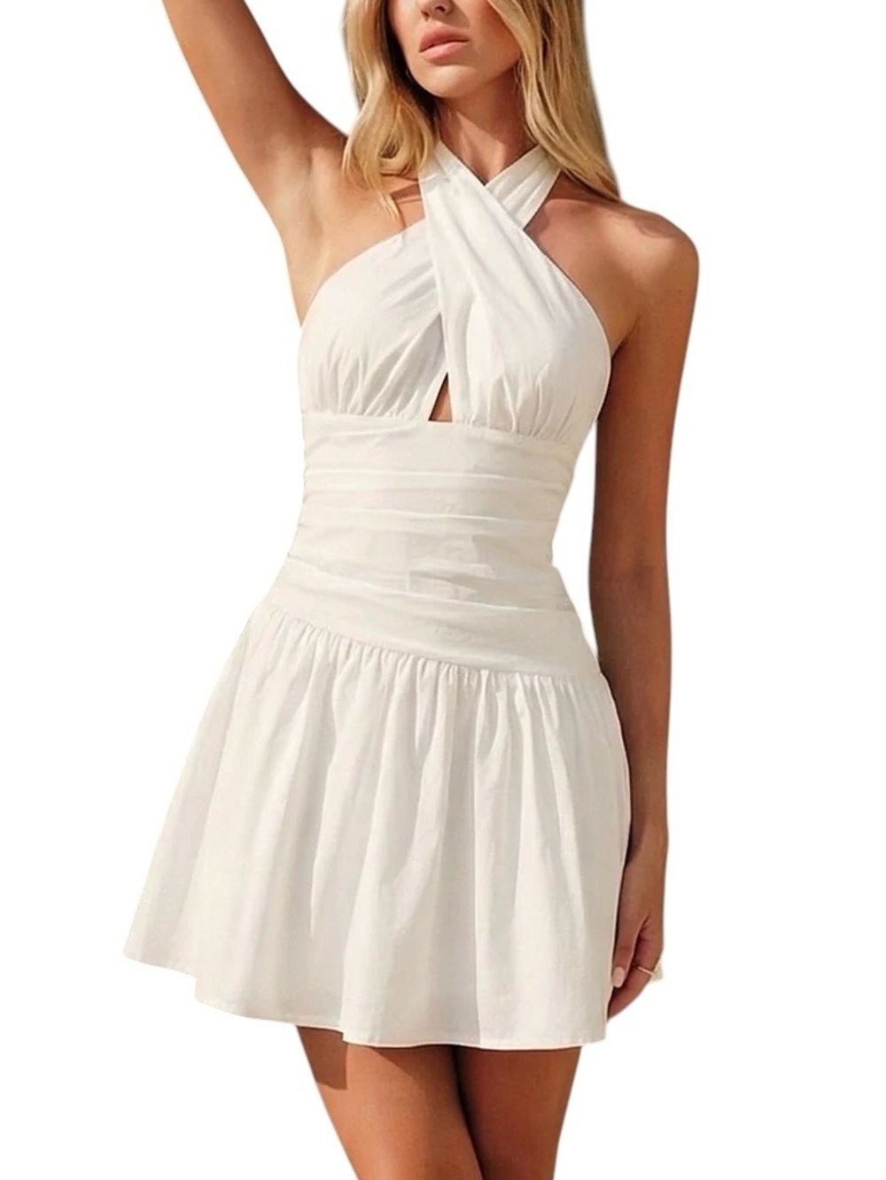 Commense White 100% Cotton Halter Mini Dress NWT Ruched Medium Open Back